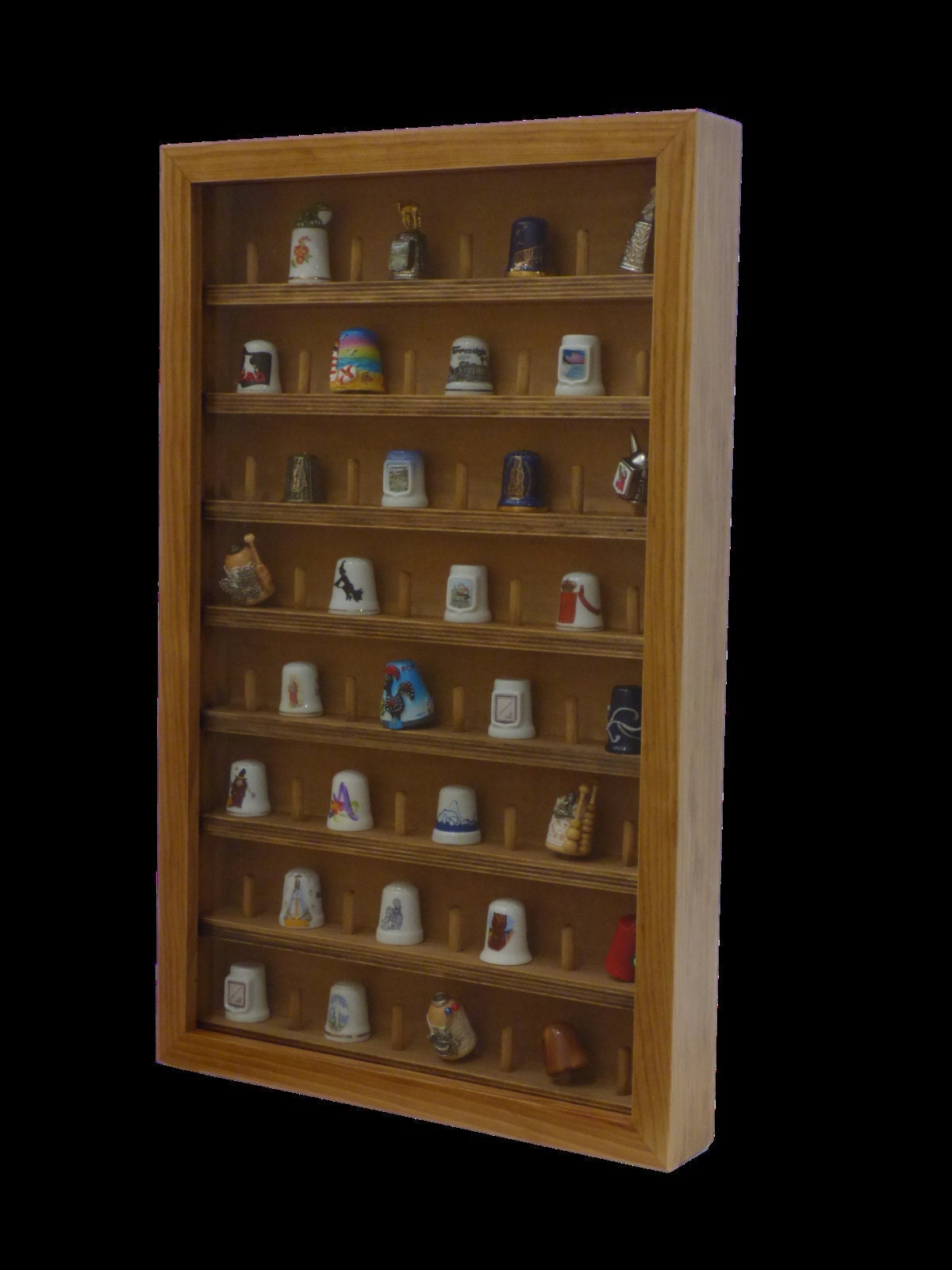 Thimble Collection Display Case. Oak Varnish Finish. Various Measures. 