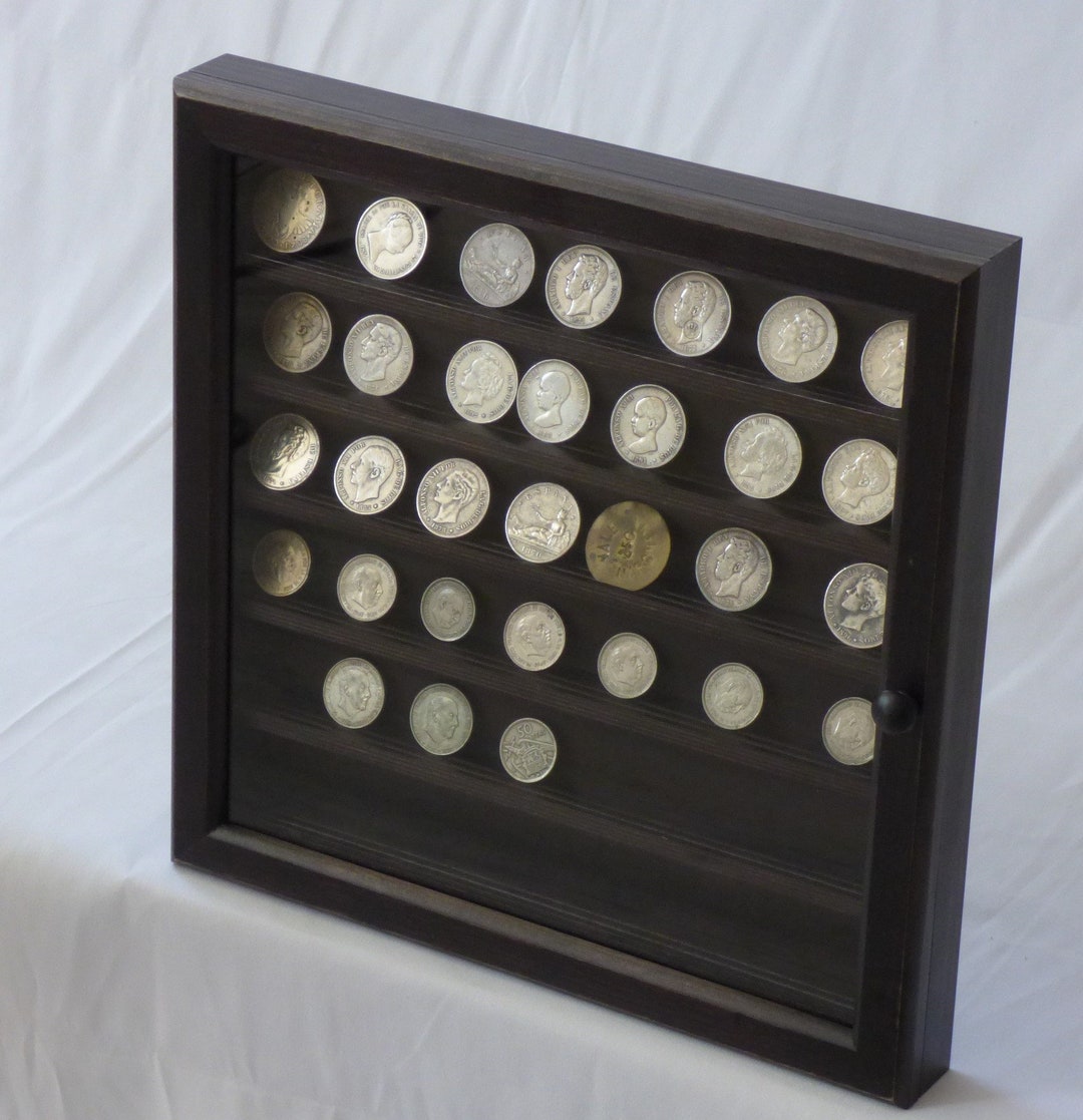 Coin Collection Display Case. in Walnut Finish Wood. Removable Shelves