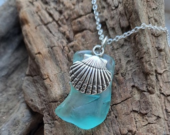 Turquoise Sea Glass Pendant with Shell Charm on Silver Plated Chain Necklace