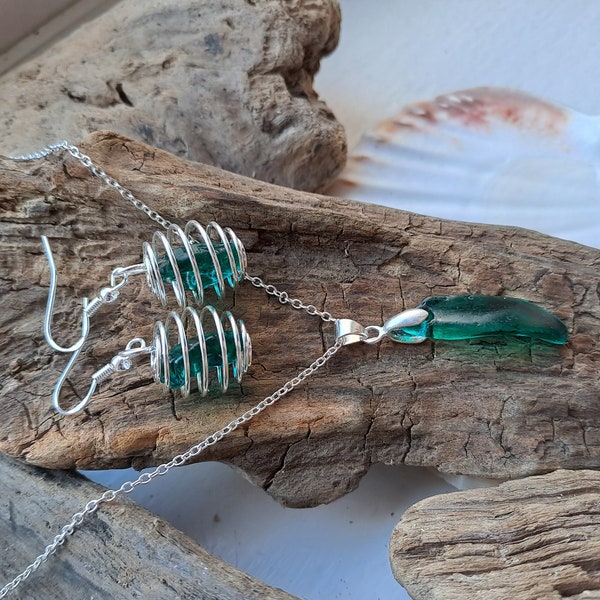 RARE Turquoise Cornish Sea Glass Pendant and Spiral Cage Earring Set