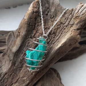 Eco-Beach Green Recycled Sea-Worn Plastic Pendant in Spiral Cage  on Silver Plated Cable Chain