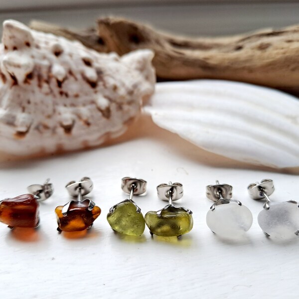 Rare Yellow, Brown and White Sea Glass Stainless Steel Stud Earring Set