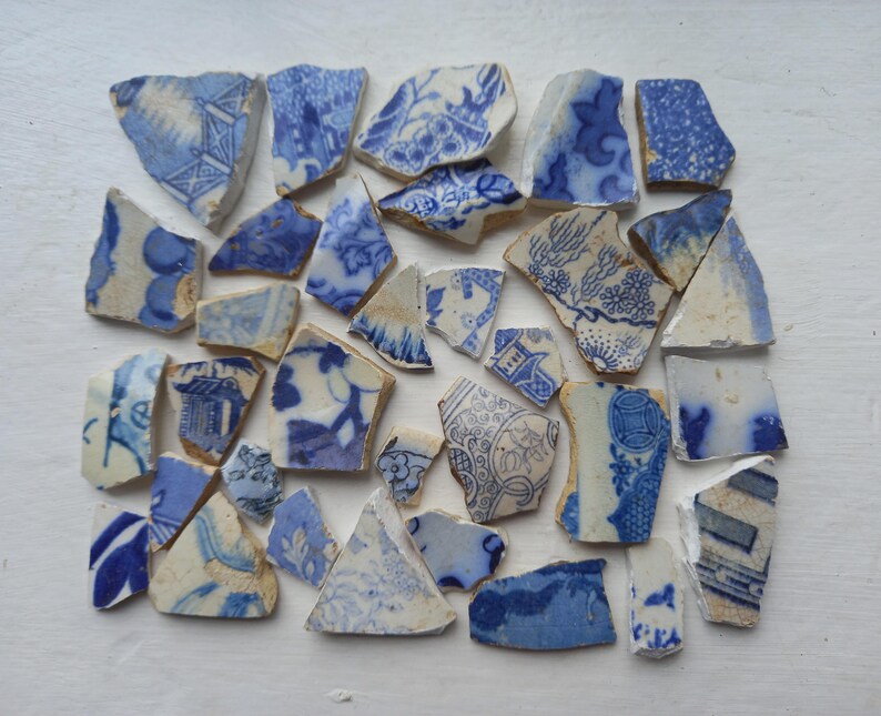 Patterns Blue Shard Antique Blue and White Sea Pottery Hook Earrings With Glass Beads - Etsy