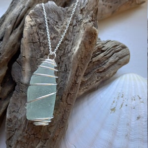 Aqua Sea Glass Pendant In Spiral Cage on Silver Plated Chain Necklace