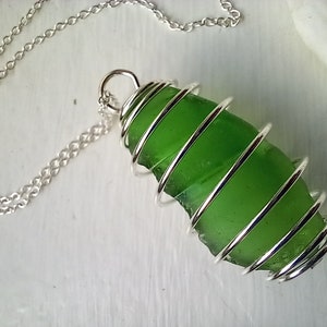 Green Sea Glass Pendant In Spiral Cage on Silver Plated Chain Necklace