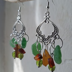 Green and Brown Sea Glass Ornate Earrings With Sterling Silver Hooks