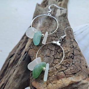 Green and White Sea Glass Earrings With Sterling Silver Hooks