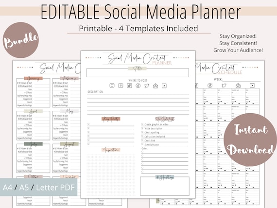 printable social media content planner editable social media etsy
