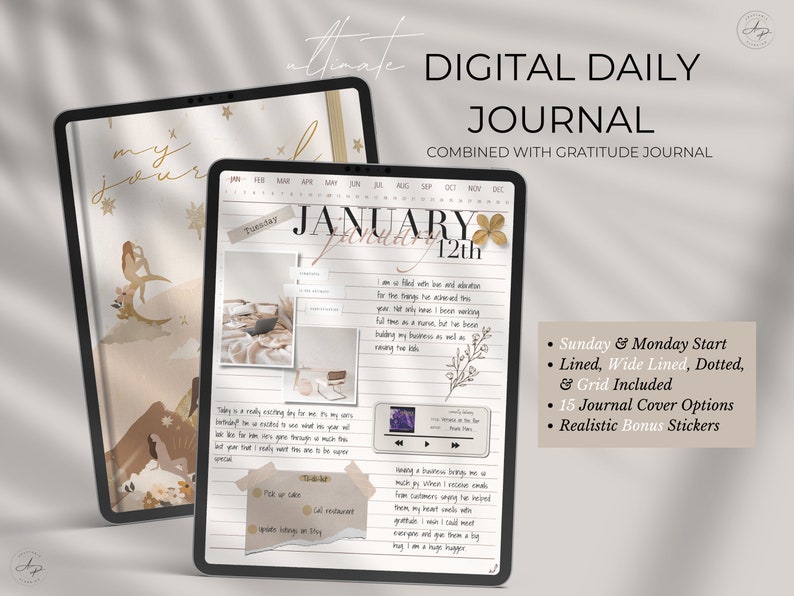 Op de afbeelding: Een digitale dagelijkse journaalsjabloon met een beige achtergrond en een bloemenontwerp. Het dagboek bevat een kalender, een takenlijst en een dankbaarheidssectie. De tekst "JANUARY 12th" is zichtbaar op de pagina. Het dagboek is ontworpen voor gebruik op een tablet of computer.