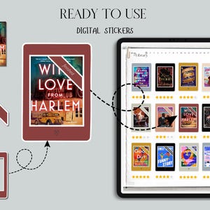 May include: Digital stickers featuring book covers, including "With Love From Harlem" and others. The image shows a tablet with a library of digital books, a bookmark, and a frame, all with a maroon color scheme. Text includes "Ready to Use" and "Digital Stickers."