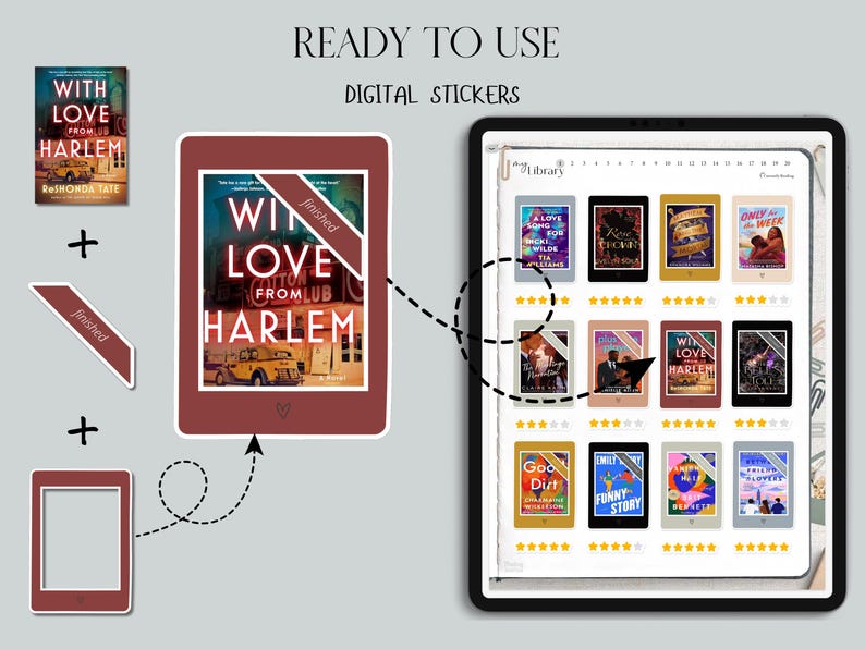 May include: Digital stickers featuring book covers, including "With Love From Harlem" and others. The image shows a tablet with a library of digital books, a bookmark, and a frame, all with a maroon color scheme. Text includes "Ready to Use" and "Digital Stickers."