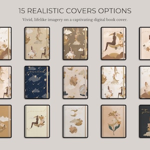 Op de afbeelding: Vijftien digitale journal cover-ontwerpen met een verscheidenheid aan patronen en illustraties. De covers bevatten een maan, sterren, wolken en een vrouw die op een halve maan zit. De covers zijn in verschillende kleuren, waaronder beige, bruin, blauw en zwart.