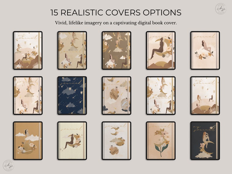 Op de afbeelding: Vijftien digitale journal cover-ontwerpen met een verscheidenheid aan patronen en illustraties. De covers bevatten een maan, sterren, wolken en een vrouw die op een halve maan zit. De covers zijn in verschillende kleuren, waaronder beige, bruin, blauw en zwart.