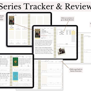 May include: A digital planner for tracking and reviewing book series. The planner has a series tracker section with book covers, ratings, and notes, and a book review section with space for thoughts and feelings about the book. The planner is designed to be used on a tablet or computer.