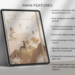 Op de afbeelding: Een digitaal dagboek met een cr&egrave;mekleurige achtergrond en illustraties van vrouwen die op manen zitten. De tekst "my journal" is geschreven in gouden letters. Het dagboek heeft een minimalistisch ontwerp met een linnen omslag, gemakkelijke navigatie, dankbaarheidpagina's, notitietemplates, dagboekprompts, een maandelijkse kalender en cr&egrave;mekleurig digitaal papier.