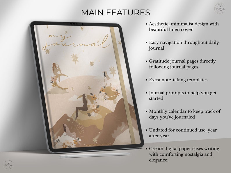 Op de afbeelding: Een digitaal dagboek met een cr&egrave;mekleurige achtergrond en illustraties van vrouwen die op manen zitten. De tekst "my journal" is geschreven in gouden letters. Het dagboek heeft een minimalistisch ontwerp met een linnen omslag, gemakkelijke navigatie, dankbaarheidpagina's, notitietemplates, dagboekprompts, een maandelijkse kalender en cr&egrave;mekleurig digitaal papier.
