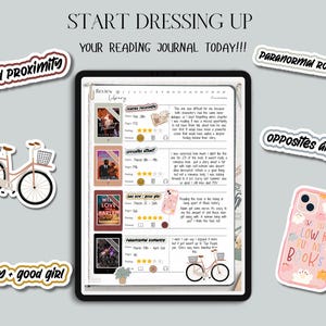 May include: A digital tablet displaying a reading journal with book covers and reviews. Surrounding the tablet are stickers with phrases like "Forced Proximity" and "Opposites Attract", along with a bicycle illustration and a phone case.