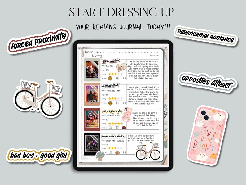May include: A digital tablet displaying a reading journal with book covers and reviews. Surrounding the tablet are stickers with phrases like "Forced Proximity" and "Opposites Attract", along with a bicycle illustration and a phone case.