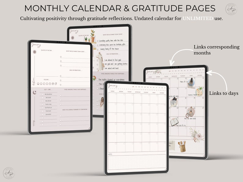 Op de afbeelding: Drie digitale planners op een grijze achtergrond. De planners zijn open om een maandelijkse kalender, een dankbaarheidsdagboek en een dagelijkse planner te laten zien. De planners zijn ontworpen om gebruikers te helpen positiviteit te cultiveren door middel van dankbaarheidsreflecties. De tekst op de planners luidt "Maandelijkse kalender & dankbaarheidspagina's" en "Positiviteit cultiveren door middel van dankbaarheidsreflecties. Ongelimiteerd te gebruiken, niet-gedateerde kalender."