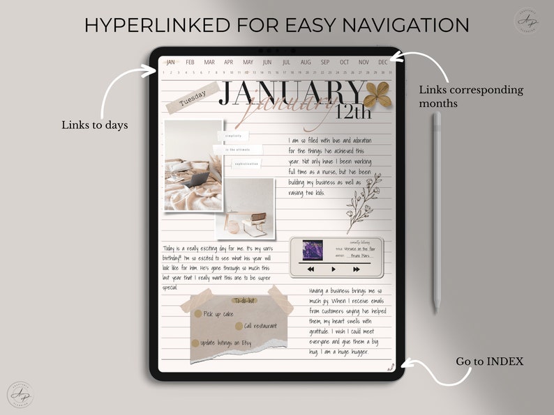 Op de afbeelding: Een digitale planner op een tabletscherm met een kalender voor 12 januari. De planner bevat een takenlijst, een dagboekvermelding en een muziekspeler. De tekst "HYPERLINKED FOR EASY NAVIGATION" staat bovenaan het scherm.