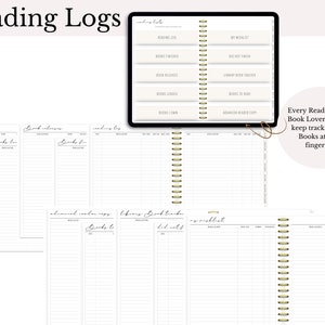 May include: A digital planner with multiple pages for tracking books read, books to read, and books owned. The planner has a gold spiral binding and the text "Reading Logs" is at the top of the page.