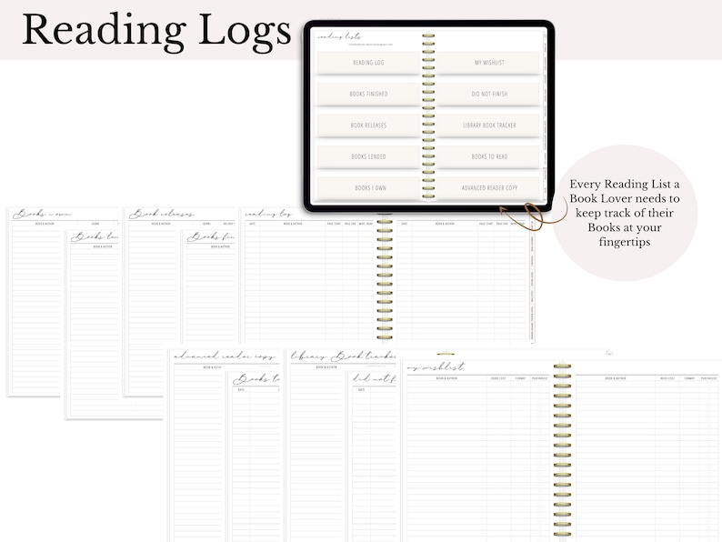 May include: A digital planner with multiple pages for tracking books read, books to read, and books owned. The planner has a gold spiral binding and the text "Reading Logs" is at the top of the page.