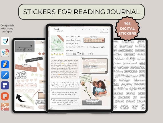 795 Digital Reading Journal Stickers: Book Tropes, Genres (PNG, GoodNotes)