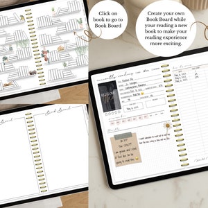 May include: A digital planner with a book-themed design. The planner has a bookshelf with books on the left page and a reading log on the right page. The reading log includes a section for "Currently Reading" with a book cover, title, author, and rating. There is also a section for "Thoughts" with a sticky note that says "In My Thoughts: The Shift. I am grown and I kind of feel like I am ready to read this too."