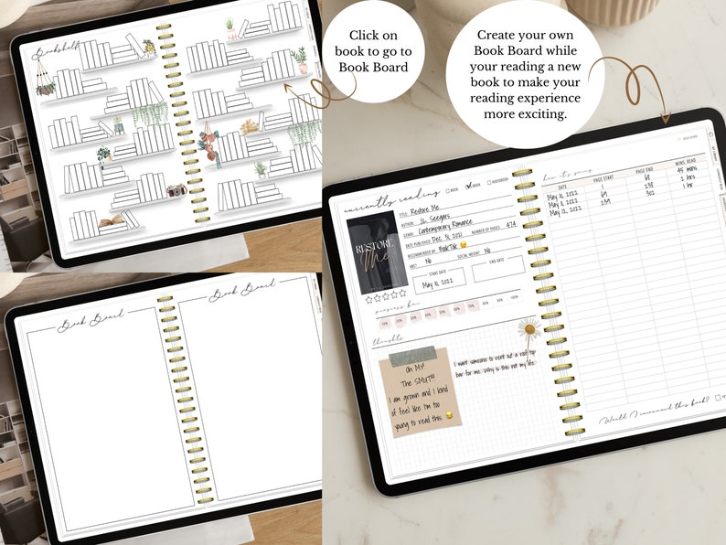 May include: A digital planner with a book-themed design. The planner has a bookshelf with books on the left page and a reading log on the right page. The reading log includes a section for "Currently Reading" with a book cover, title, author, and rating. There is also a section for "Thoughts" with a sticky note that says "In My Thoughts: The Shift. I am grown and I kind of feel like I am ready to read this too."