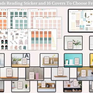 May include: A digital reading journal with 16 different covers to choose from. The covers feature a variety of designs, including floral, geometric, and minimalist styles. The journal also includes a sticker sheet with various reading-themed stickers.