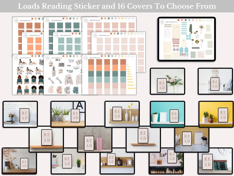 May include: A digital reading journal with 16 different covers to choose from. The covers feature a variety of designs, including floral, geometric, and minimalist styles. The journal also includes a sticker sheet with various reading-themed stickers.