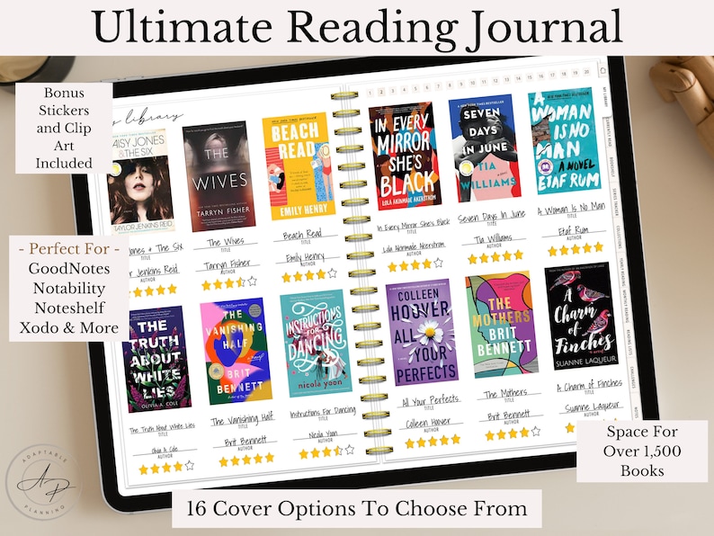 May include: A white reading journal with 16 different book cover options to choose from. The journal has space for over 1,500 books. The journal is perfect for GoodNotes, Notability, Noteshelf, Xodo, and more.