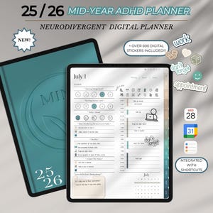 May include: A teal digital planner with the text "25/26 MID-YEAR ADHD PLANNER" and "NEURODIVERGENT DIGITAL PLANNER". The planner includes digital stickers and is integrated with shortcuts. The image also shows a teal notebook with the word "MIND" embossed on the cover.