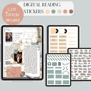 May include: Digital reading stickers for digital planners. The image shows several digital tablets with stickers, including book covers, record-shaped stickers, and text labels. The text on the image says "1,330 stickers included" and "Digital Reading Stickers."