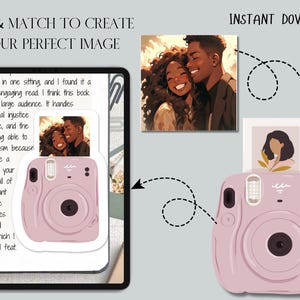 May include: A digital art print featuring a pink instant camera with a photo of a couple. The image also includes a tablet with text and a photo of the couple. Text reads "MIX & MATCH TO CREATE YOUR PERFECT IMAGE" and "INSTANT DOWNLOAD".