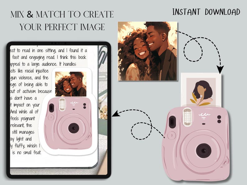 May include: A digital art print featuring a pink instant camera with a photo of a couple. The image also includes a tablet with text and a photo of the couple. Text reads "MIX & MATCH TO CREATE YOUR PERFECT IMAGE" and "INSTANT DOWNLOAD".