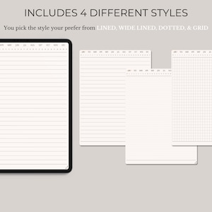 Op de afbeelding: Vier verschillende stijlen van afdrukbare plannerpagina's: gestreept, breed gestreept, gestippeld en raster. Elke pagina heeft een koptekst met de maanden van het jaar.