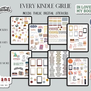 May include: A collection of digital stickers for Kindle users, displayed on tablets. The stickers include labels, frames, flowers, quotes, and more. Text on the image reads "Every Kindle Girlie Needs These Digital Stickers."