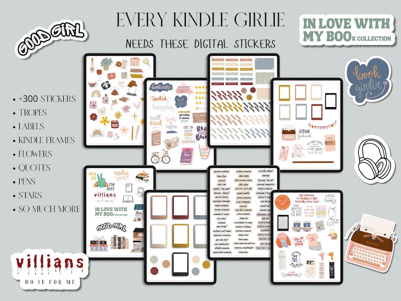 May include: A collection of digital stickers for Kindle users, displayed on tablets. The stickers include labels, frames, flowers, quotes, and more. Text on the image reads "Every Kindle Girlie Needs These Digital Stickers."