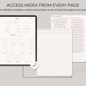 Op de afbeelding: Een digitale planner met een witte achtergrond en zwarte tekst. De planner bevat een maandelijkse kalender, een notitiegedeelte en een gedeelte met journal prompts. De journal prompts bevatten vragen zoals "Wat zijn drie dingen die je leuk vindt aan jezelf?" en "Wat is een angst die je tegenhoudt?"