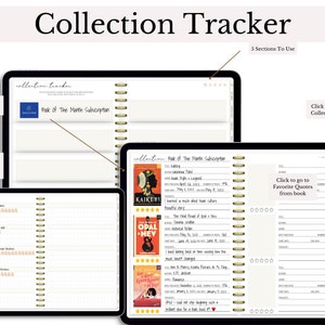 May include: A digital planner with a grid layout and a section labeled "Book of The Month Subscription". The planner is open to a page with a list of books, their titles, authors, and ratings. The planner is designed to help users track their reading progress and favorite quotes.