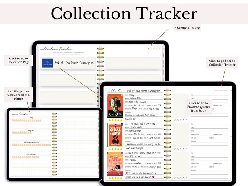 May include: A digital planner with a grid layout and a section labeled "Book of The Month Subscription". The planner is open to a page with a list of books, their titles, authors, and ratings. The planner is designed to help users track their reading progress and favorite quotes.