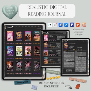 May include: A digital reading journal displayed on three tablets. The journal features book covers, star ratings, and note-taking sections. Text includes "Realistic Digital Reading Journal," "Bonus Stickers Included," and "Compatible with many pdf apps."