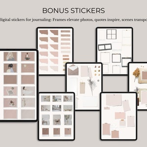 Op de afbeelding: Een set digitale stickers voor journalen, met verschillende frames, citaten en sc&egrave;nes. De stickers zijn in een neutrale kleurenpalet van beige en bruin.