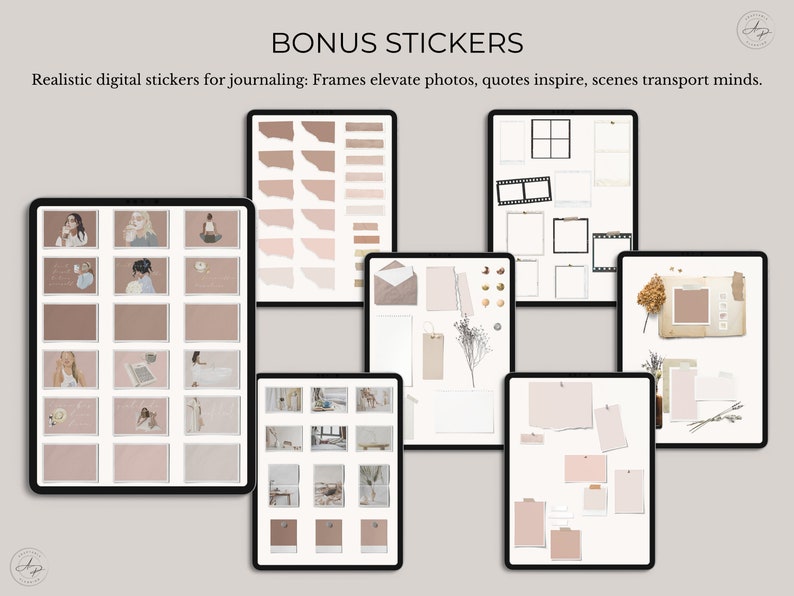 Op de afbeelding: Een set digitale stickers voor journalen, met verschillende frames, citaten en sc&egrave;nes. De stickers zijn in een neutrale kleurenpalet van beige en bruin.