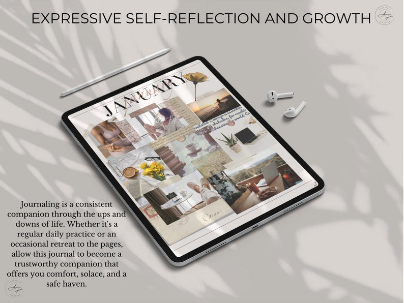 Op de afbeelding: Een digitale tablet met een collage van afbeeldingen met het woord "JANUARY" in een decoratief lettertype. De tekst "EXPRESSIVE SELF-REFLECTION AND GROWTH" staat bovenaan de afbeelding. De tekst "Journaling is a consistent companion through the ups and downs of life. Whether it's a regular daily practice or an occasional retreat to the pages, allow this journal to become a trustworthy companion that offers you comfort, solace, and a safe haven." staat onderaan de afbeelding.