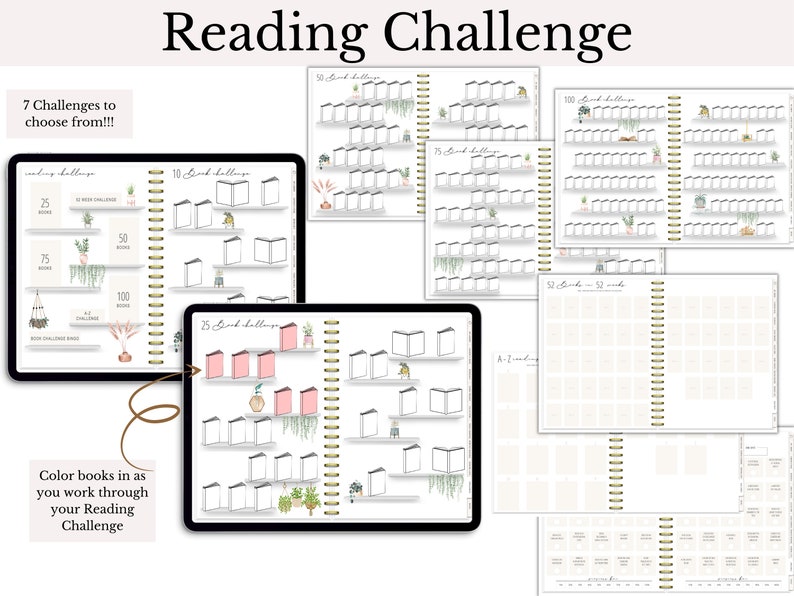 May include: A digital planner with seven different reading challenges to choose from. The challenges range from 25 to 100 books. The planner has a white background with black text and illustrations of bookshelves and plants.