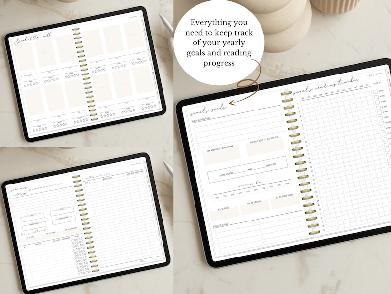 May include: A digital planner on a tablet screen with a white background. The planner includes sections for yearly goals, reading tracker, and a monthly calendar. The text "Everything you need to keep track of your yearly goals and reading progress" is displayed in a brown circle.