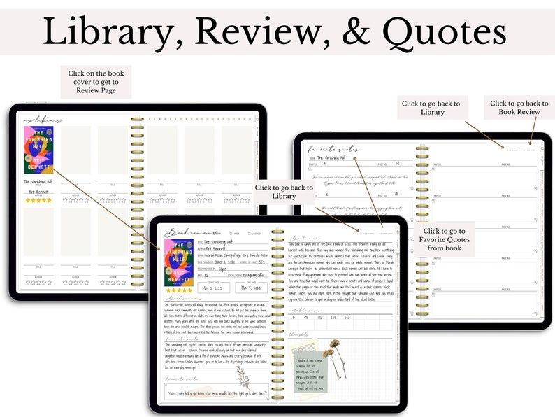 May include: A digital planner with three pages displayed on a screen. The first page is a library page with a book cover and a five-star rating. The second page is a book review page with a book cover, title, author, and a review. The third page is a favorite quotes page with a book title and a quote from the book.