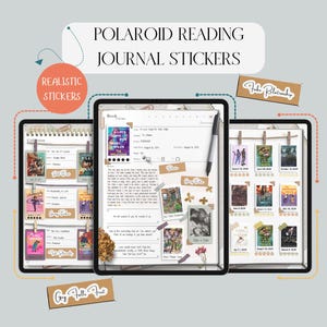 Puede incluir: Arte digital que muestra tres tabletas con "Pegatinas de diario de lectura Polaroid". Las tabletas muestran portadas de libros, notas y elementos decorativos. La imagen incluye el texto "Realistic Stickers" y "Fake Relationship."